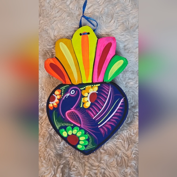 Handpainted Heart Mexican Folklore Art Blue Bird With Vibrant Bright Colors New - Picture 4 of 4